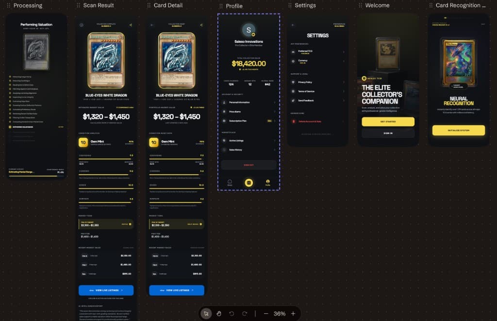 Cardium app screens showing scanning, results, profile, and settings.